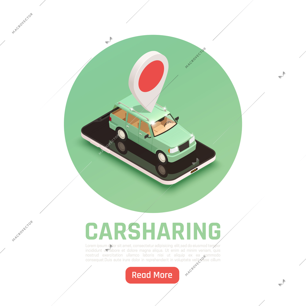 Carsharing carpooling ridesharing circle background with text read more button and car image with location pictogram vector illustration