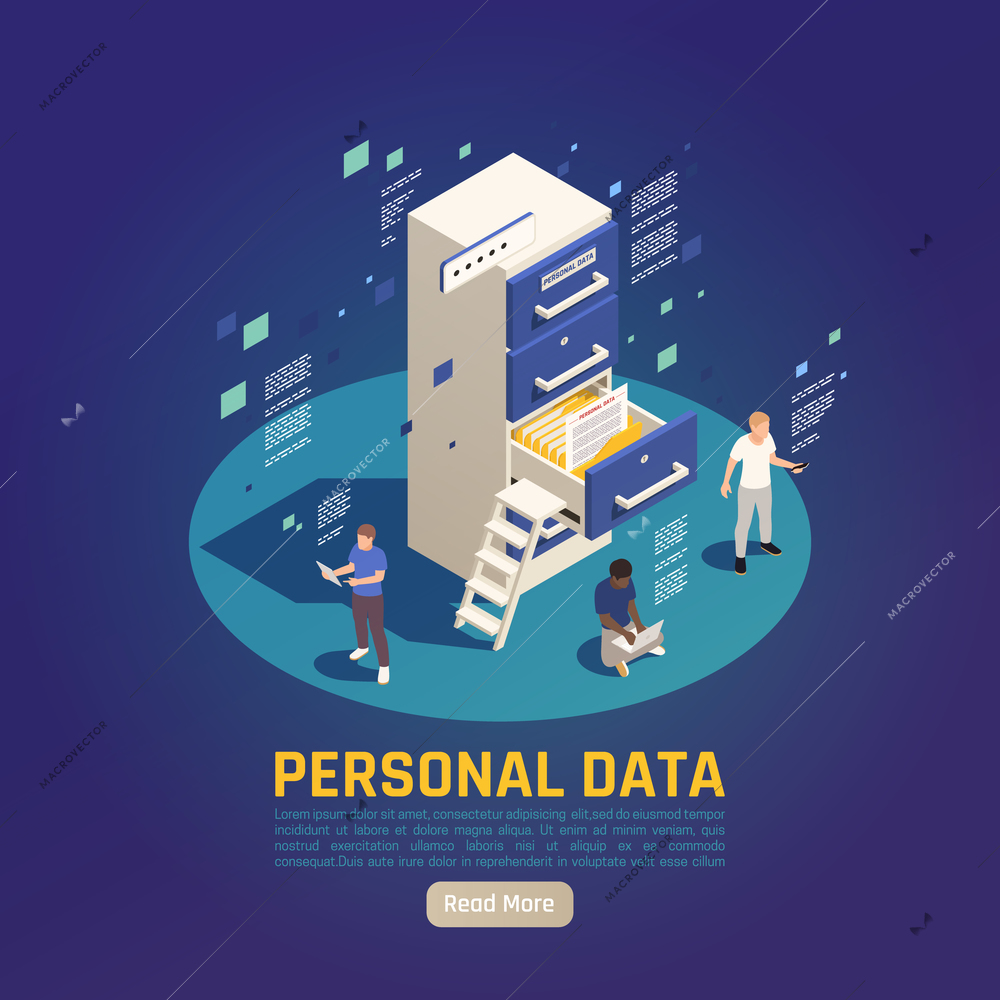 Privacy data protection gdpr isometric background with characters of reading people shelves and read more button vector illustration