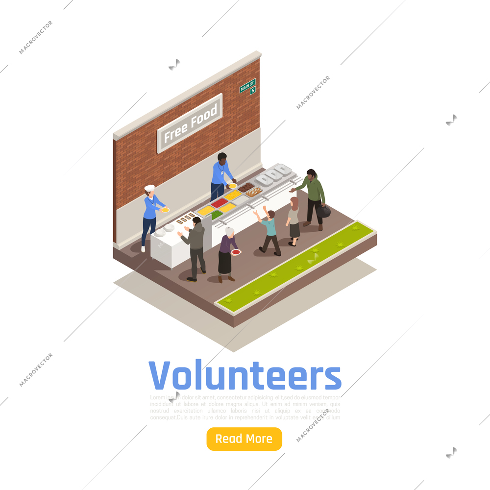 Charity donation volunteering isometric background with volunteers sharing food with homeless people with text and button vector illustration