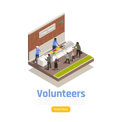 Charity donation volunteering isometric background with volunteers sharing food with homeless people with text and button vector illustration