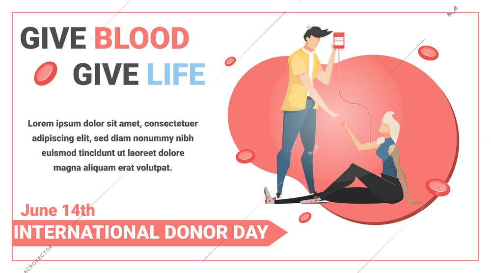 Blood donation poster with international donor day symbols flat vector illustration