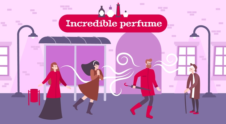 Perfume odor background with incredible perfume symbols flat vector illustration