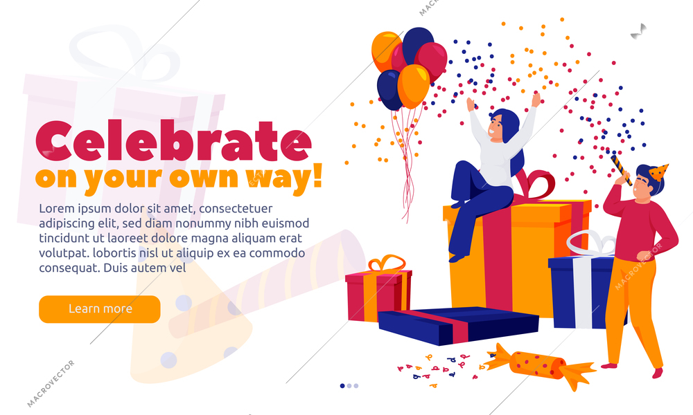 Happy celebration people background with clickable learn more button text and people with gift boxes confetti vector illustration