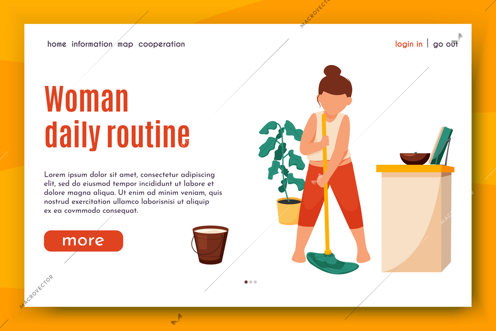 Woman daily routine flat background for web site landing page with images text and clickable links vector illustration