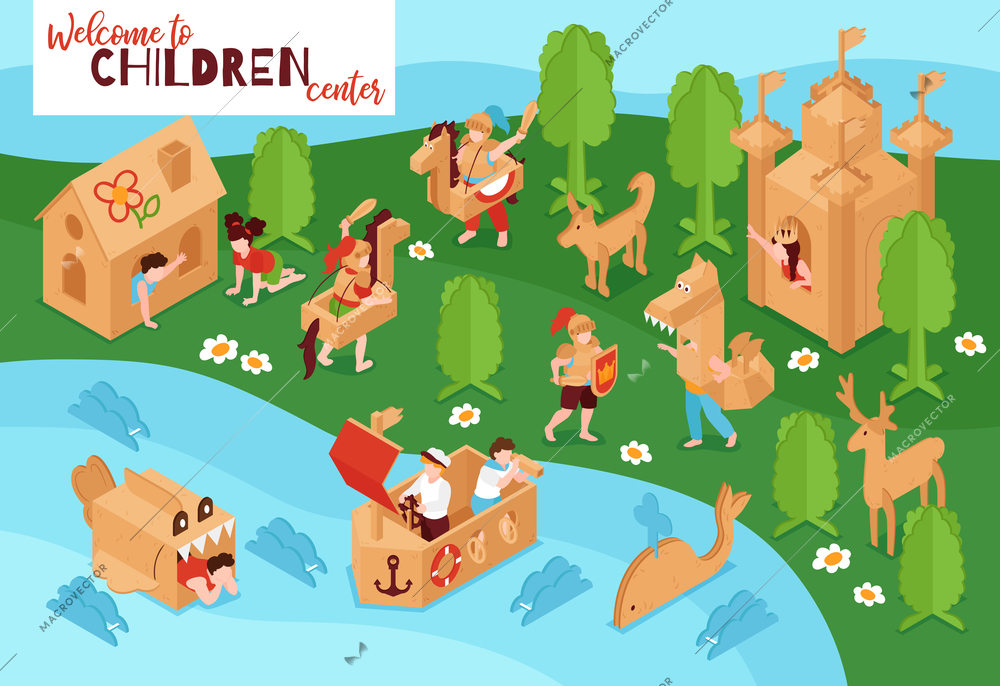 Creative children center playground cardboard castle ship whale toys trees environment advertisement invitation isometric poster vector illustration