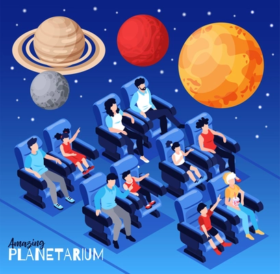 Planetarium starry sky amazing show with big colorful floating above visitors planets isometric composition vector illustration