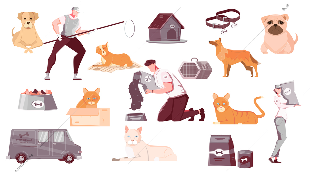 Homeless animals set of flat isolated images with pets characters of catchers with transport and equipment vector illustration