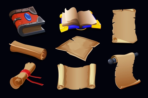 Ancient scrolls old magic books parchment incredible spells documents papyrus manuscripts rolls cartoon games set vector illustration