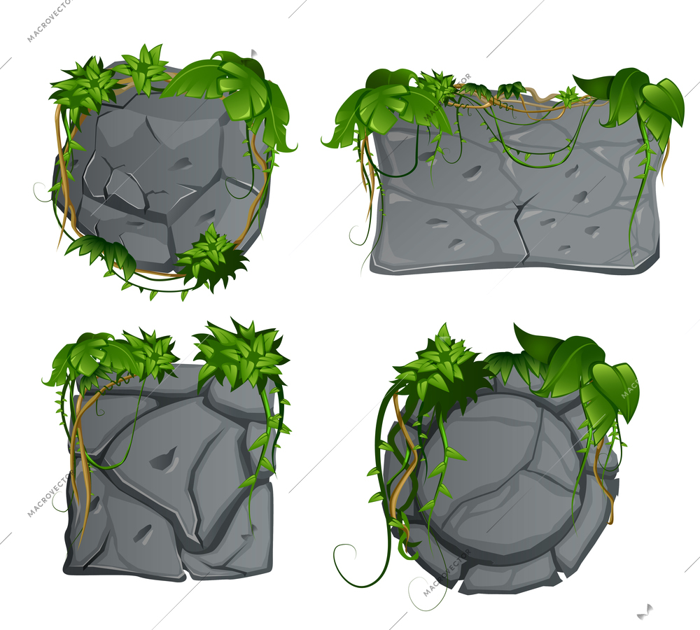 Grey stone decorative garden elements  with tropical rain-forest liana  leaves 4 cartoon signs set vector illustration