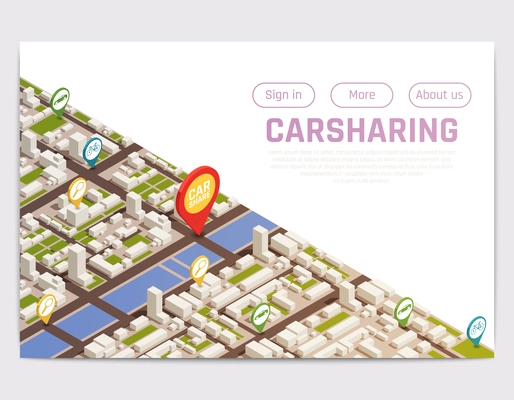 Carsharing carpooling ridesharing web site landing page with isometric city map and location signs with buttons vector illustration