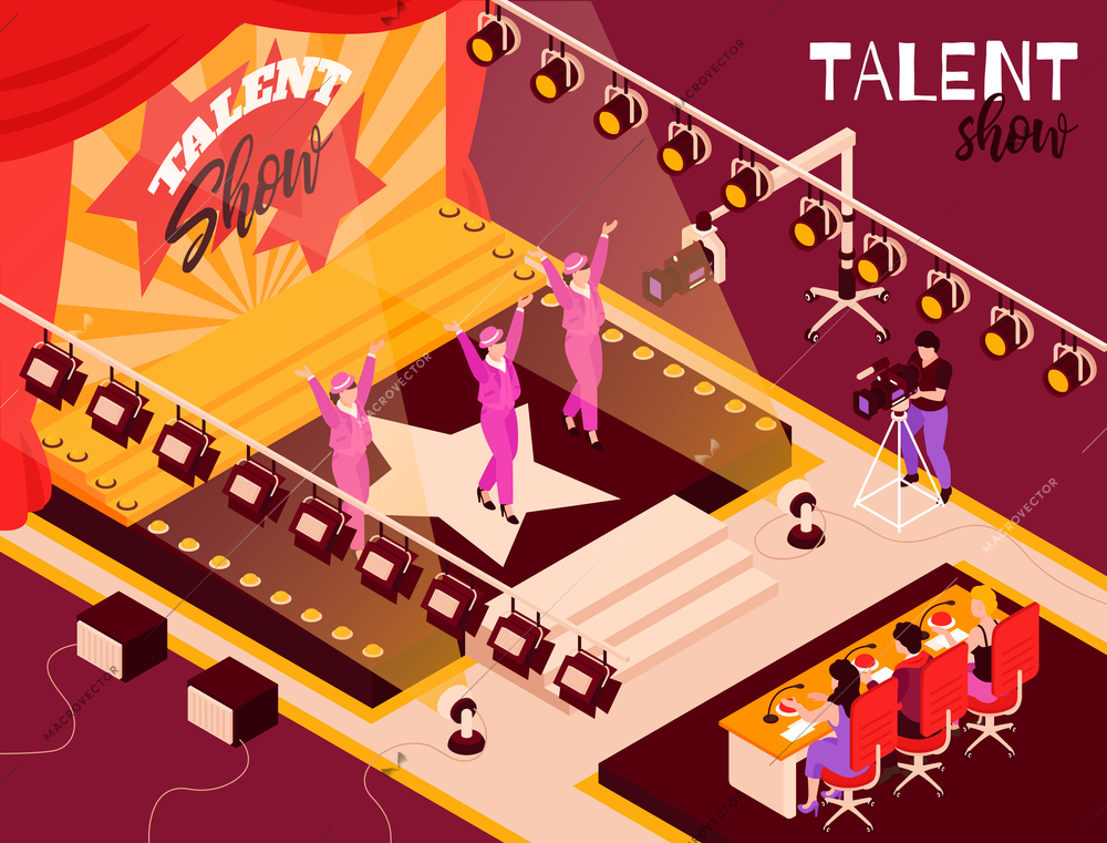 Talent show dance group contestants in pink performing onstage in spotlights before judges isometric composition vector illustration