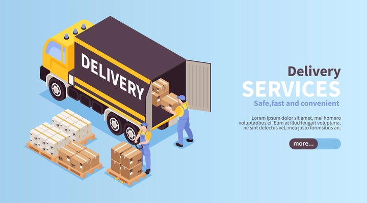 Reliable logistic services isometric landing page web banner with loading unloading local cargo delivery vehicle vector illustration