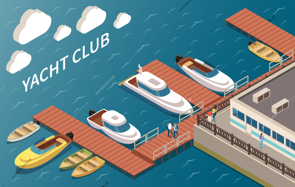 Luxury yacht club sailing and motor boats mooring facilities building corner ocean view isometric composition vector illustration