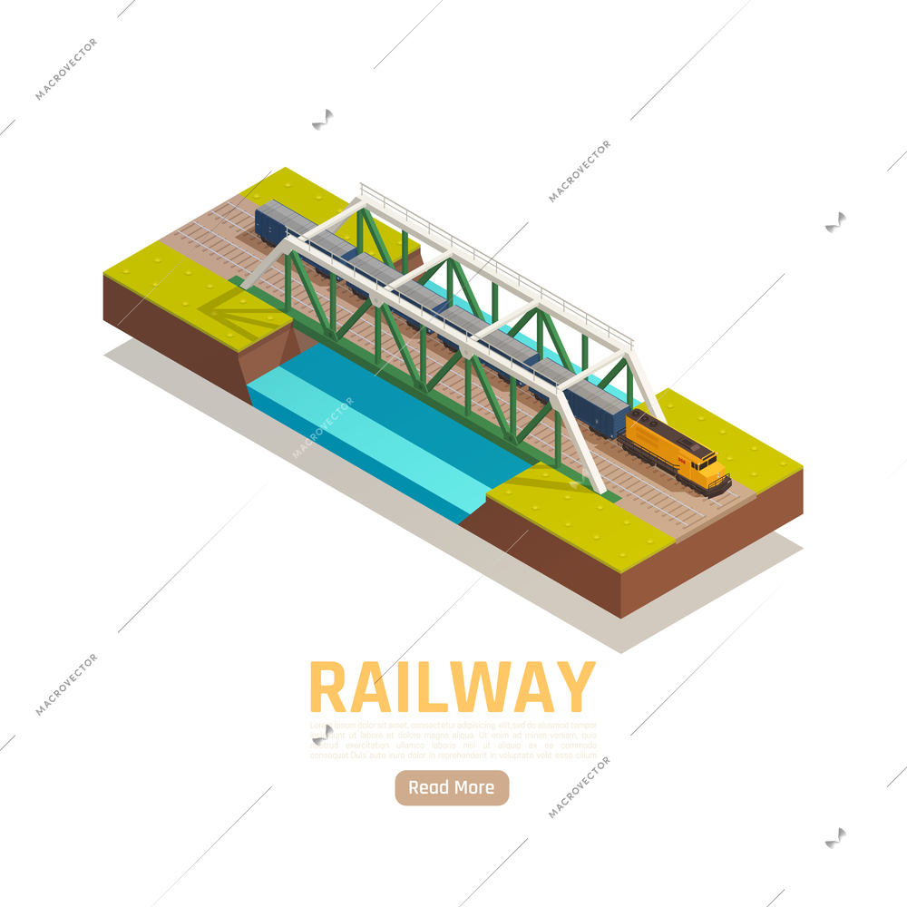 Train railway station isometric background with editable text read more button and train passing river bridge vector illustration