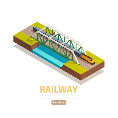 Train railway station isometric background with editable text read more button and train passing river bridge vector illustration