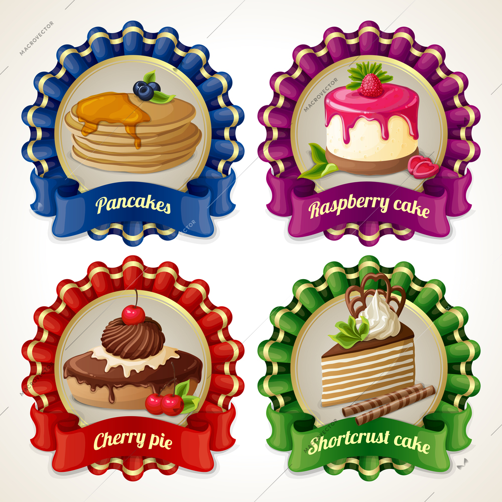 Decorative sweets ribbon banners set with pancakes cherry pie vector illustration