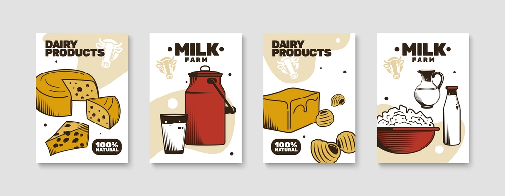 Milk farm poster set of colored compositions with fresh dairy products isolated hand drawn vector illustration