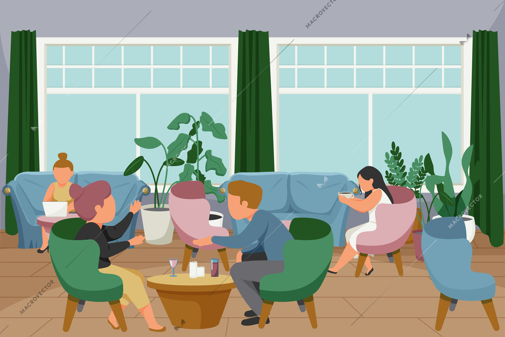 Woman daily routine flat composition with indoor scenery with female human characters in different casual situations vector illustration