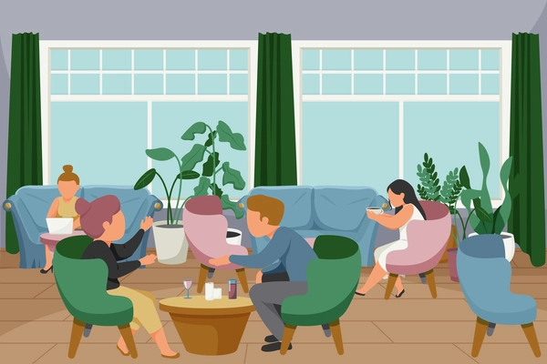 Woman daily routine flat composition with indoor scenery with female human characters in different casual situations vector illustration