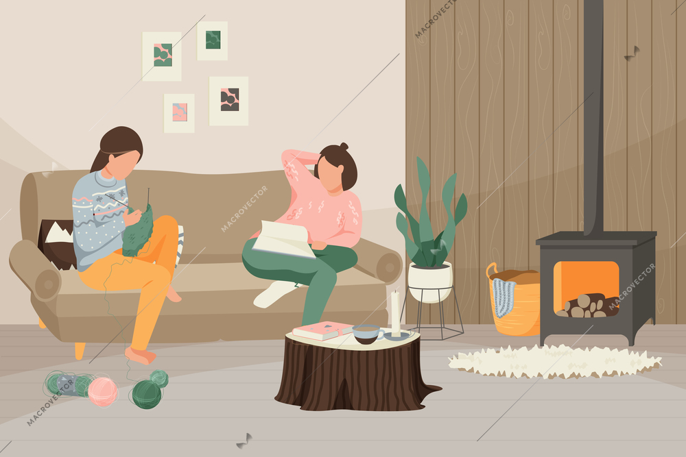 Hygge lifestyle flat composition with indoor scenery and female characters in living room environment with furniture vector illustration