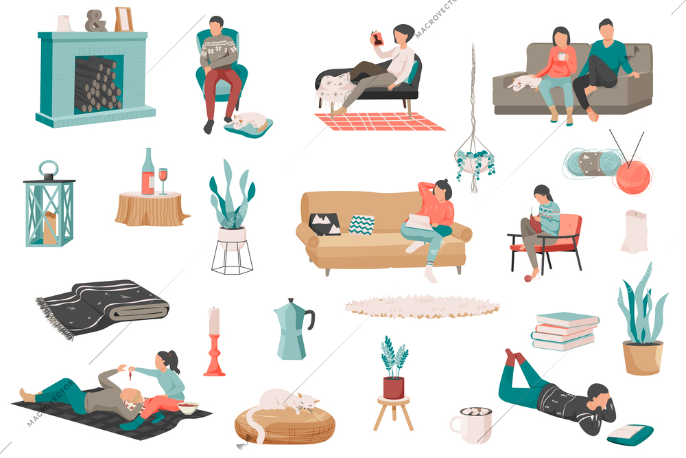 Hygge lifestyle flat recolor set with isolated icons of house plants books soft furniture and people vector illustration