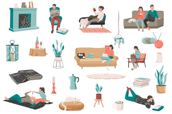 Hygge lifestyle flat recolor set with isolated icons of house plants books soft furniture and people vector illustration