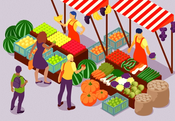 People buying fresh fruit and vegetables at outdoor farm market 3d isometric composition vector illustration