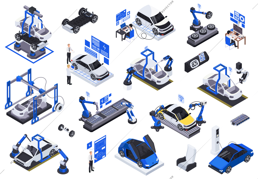 Electric vehicles production  isometric icons set with robotic assembly line testing charging   holographic projections screens vector illustration