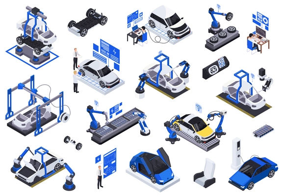 Electric vehicles production  isometric icons set with robotic assembly line testing charging   holographic projections screens vector illustration