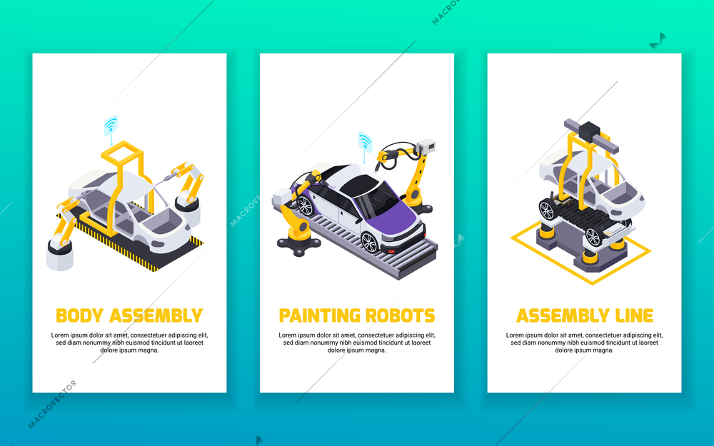 Electric vehicle production isometric vertical banners set with automated robotic arms assembly line and painting robots vector illustration