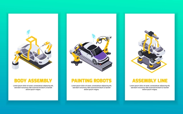 Electric vehicle production isometric vertical banners set with automated robotic arms assembly line and painting robots vector illustration