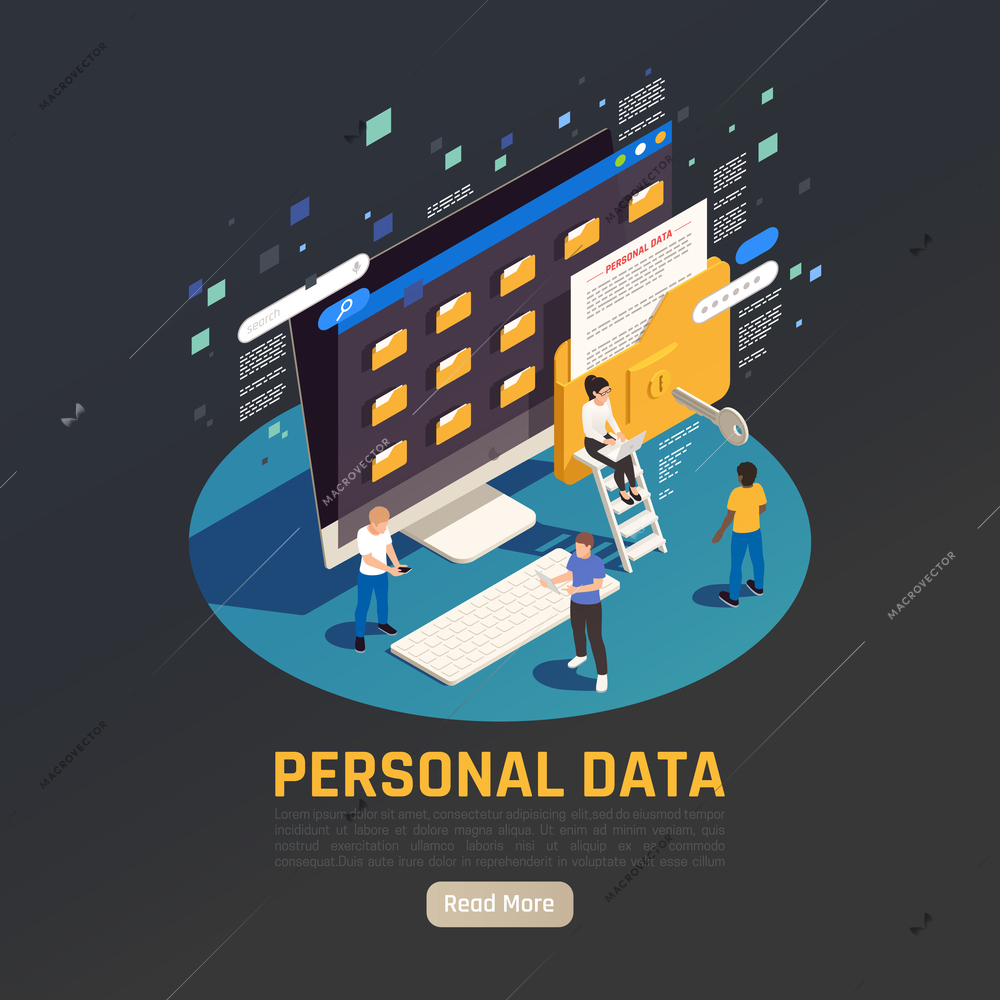 Privacy data protection gdpr isometric background with desktop computer with folders people and read more button vector illustration