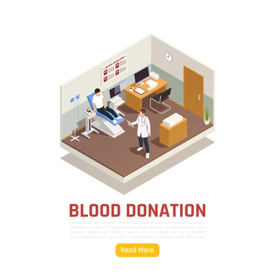 Charity donation volunteering isometric background with read more button text and view of blood medical center vector illustration