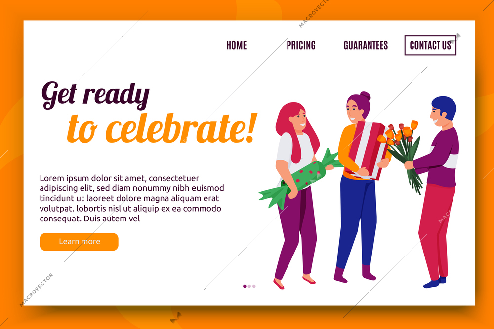 Happy celebration people background for web site landing page with human characters text and clickable links vector illustration