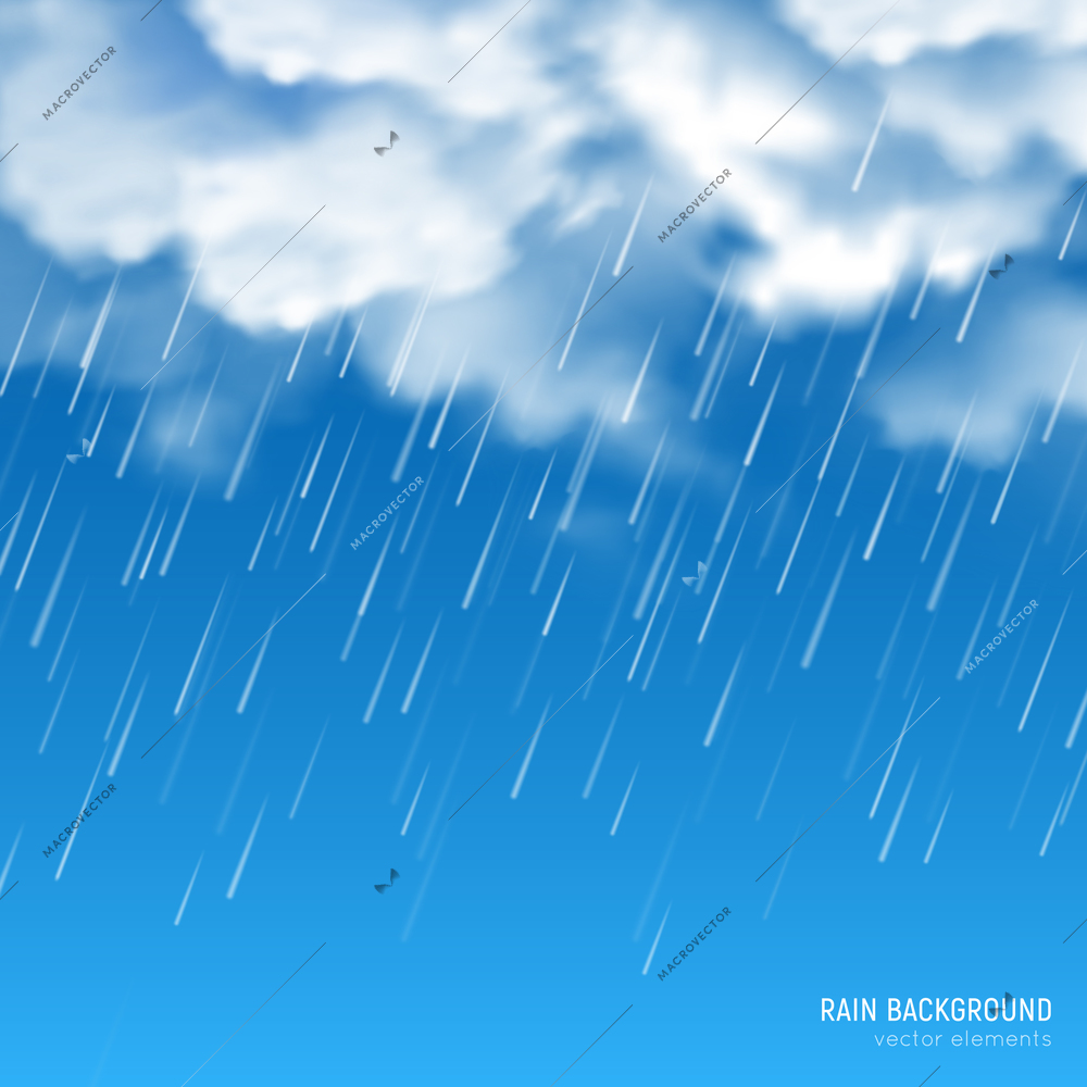 Dense white sun lighted clouds producing pouring rain closeup realistic image against blue sky background vector illustration