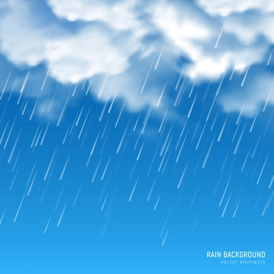 Dense white sun lighted clouds producing pouring rain closeup realistic image against blue sky background vector illustration