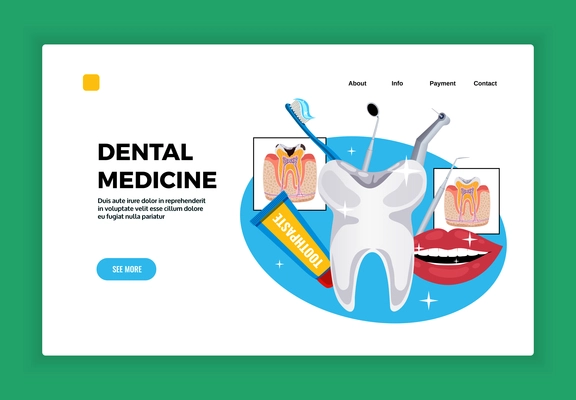 Dental problems page design with payment info and contact symbols flat vector illustration