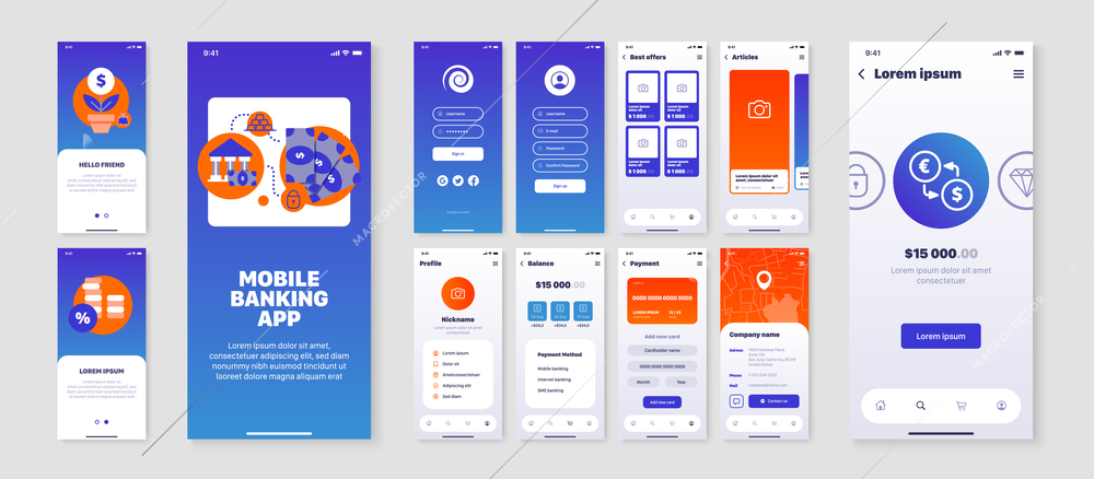 Smartphone screens set with user interface of mobile banking application isolated flat vector illustration