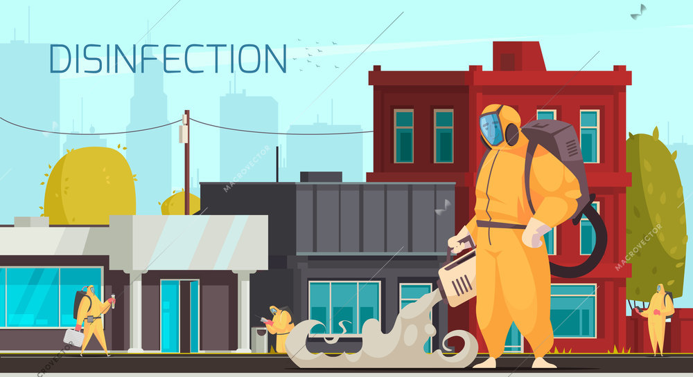 Medicine hygiene virus coronavirus composition with text and people in chemical protection suits disinfecting city street vector illustration