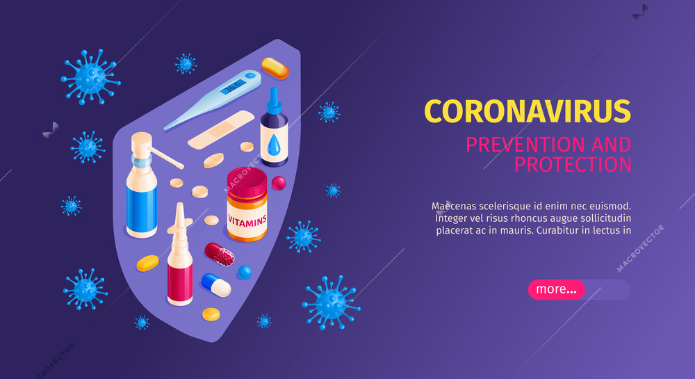 Isometric medicine virus coronavirus horizontal banner with editable text and images of medication protected by shield vector illustration