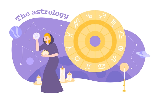 Fortune teller astrologer using magic crystal ball candles zodiac signs chart heavens map flat composition vector illustration