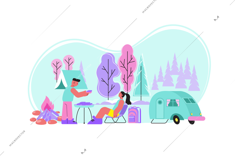 Bbq nature flat composition with outdoor landscape camper van and human couple having good time together vector illustration