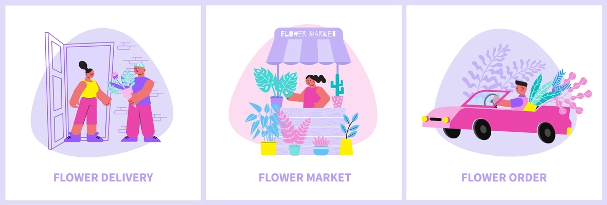 Floristry set with three flat compositions of text captions and human characters carrying and selling flowers vector illustration