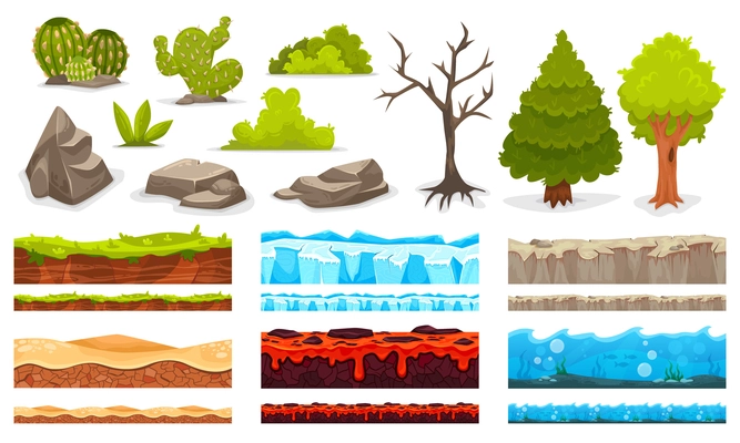 Cartoon landscapes plants stones reliefs for game user interface isolated set vector illustration