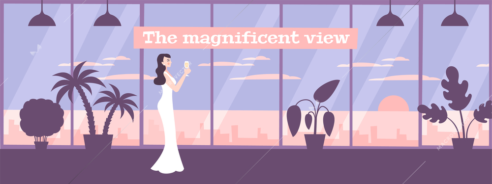 Panoramic windows with large glass sections providing magnificent cityscape view flat composition with young lady vector illustration