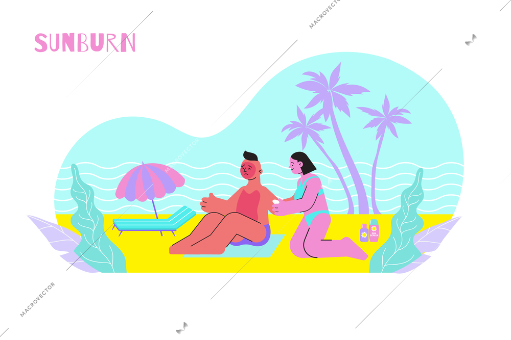 Sunburn flat composition with human characters of young couple sunbathing on beach with first aid cream vector illustration