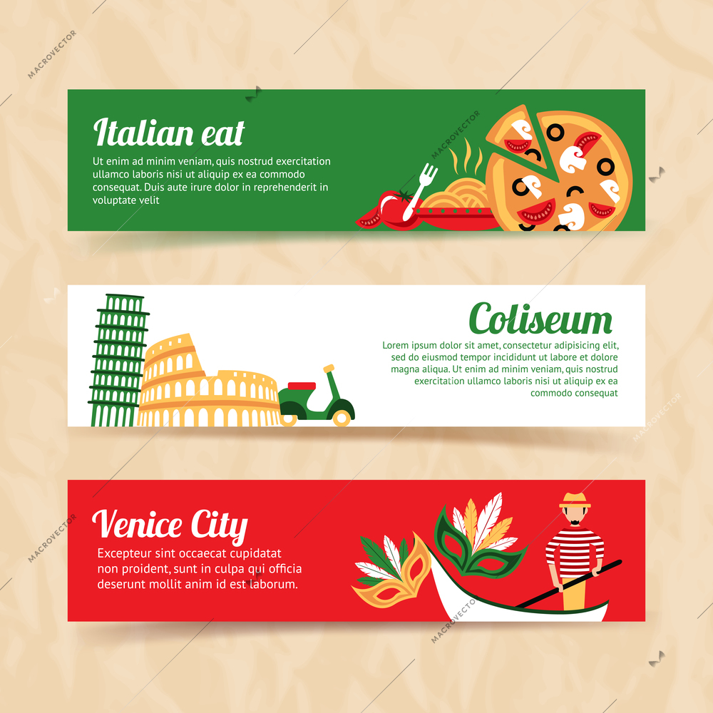 Italy banner set italian eat coliseum venice city isolated vector illustration