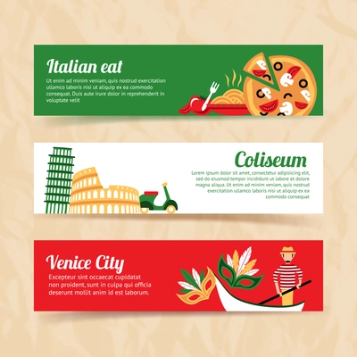 Italy banner set italian eat coliseum venice city isolated vector illustration