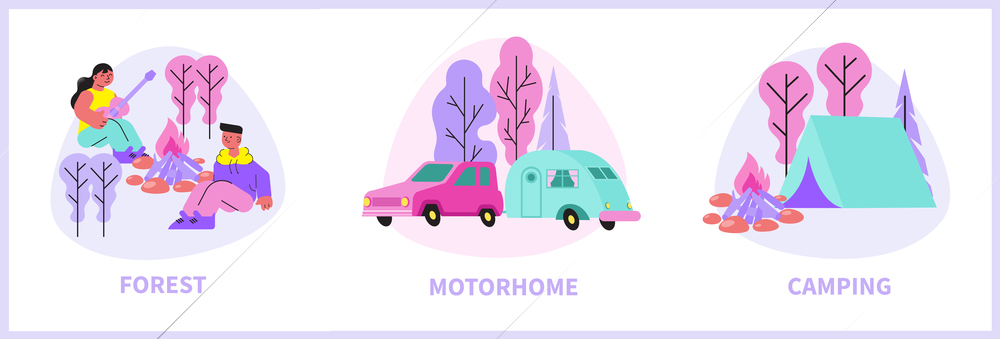 Camp set with three compositions of flat images and trees with cars and tents with text vector illustration