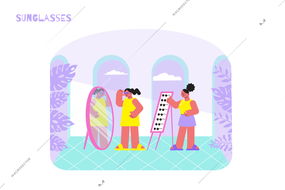 Sunglasses shop flat composition with indoor view of eyeglasses store with characters of seller and customer vector illustration